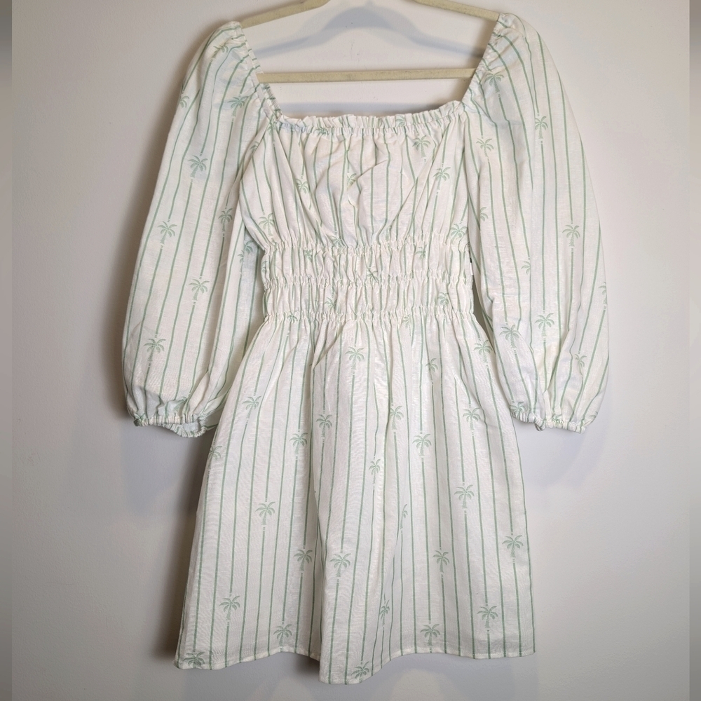 Charlie Holiday White Green Striped Palm Tree Boheme Linen Blend Dress Size 8